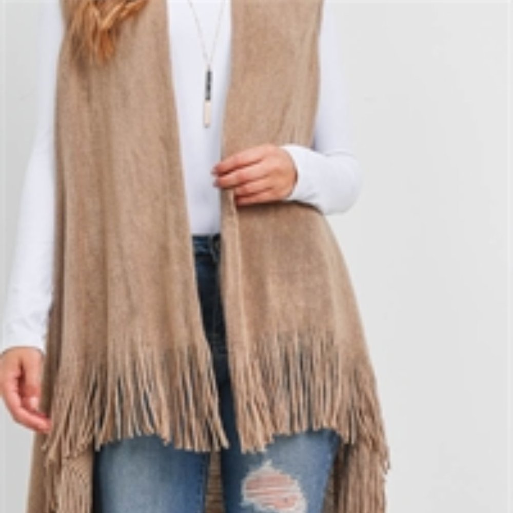 Taupe Colored Solid Fringe Knit Vest